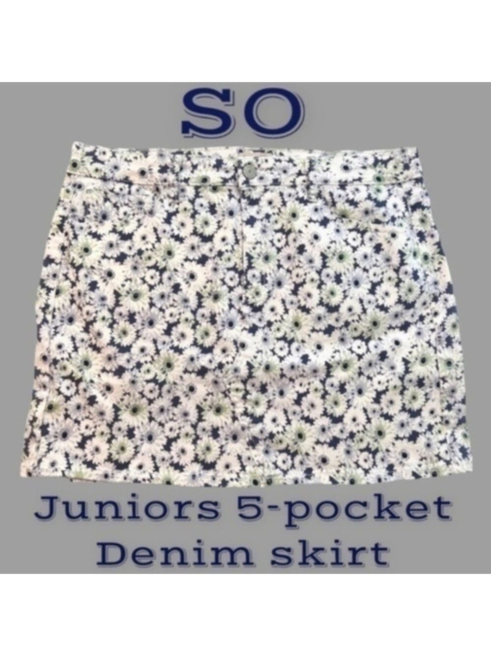 NWOT SO Jr. 5-Pocket Stretch Denim All Over Daisy Printed Mini Skirt/Sz. 17Jr